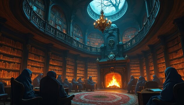 People in hooded robes gather in a dimly lit, old library with a roaring fireplace. They listen intently as a storyteller shares ancient tales. Bookshelves stretch endlessly, filled with mystic lore.