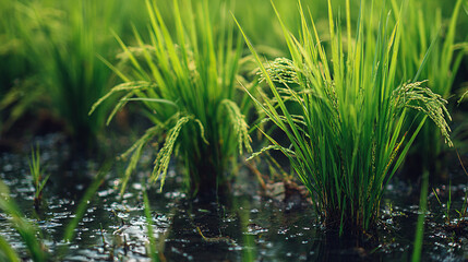Fototapeta premium Green rice plants growing in a flooded paddy field with water droplets