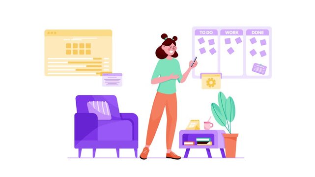 Woman organizing kanban board in cozy home office flat animation