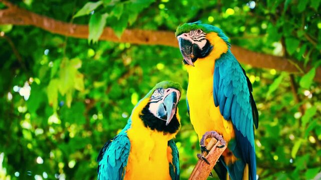 Two vibrant blue and yellow macaws are perched on a tree branch, observing their lush green natural habitat with curious eyes.