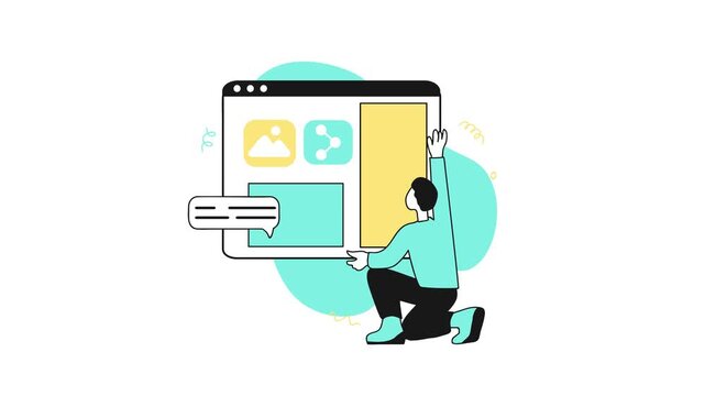 Animated designer arranging website interface elements with chat bubble