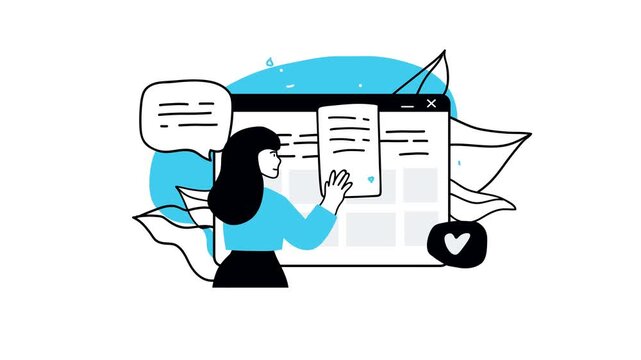 Woman reviewing document on browser page with chat and like icon animation