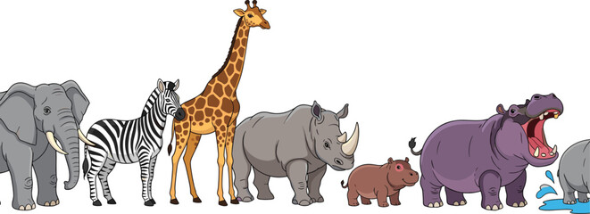 African Safari Animal Vector Illustration Set Featuring Elephant Zebra Giraffe Rhino Hippopotamus and Calf Characters for Wildlife Design Nature and Kids Education © Sufea