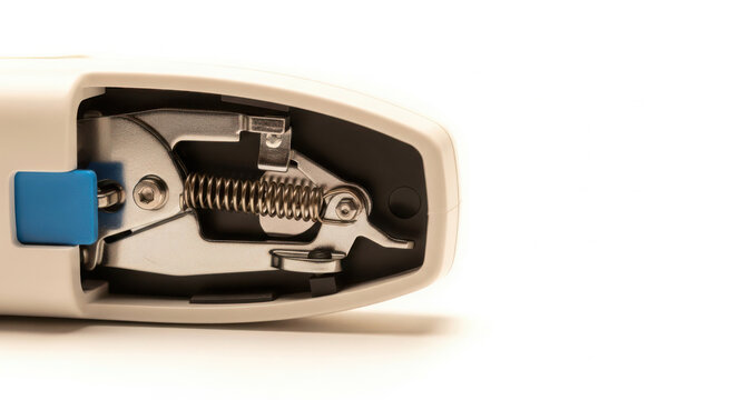 Detailed View of a Metal Lever and Spring Mechanism Inside a White Plastic Casing for Industrial Machine Design