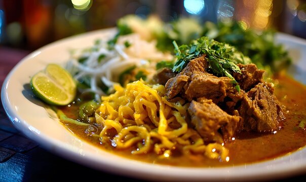 Authentic khao soi thai curry noodle soup with tender beef chunks fresh lime wedges bean sprouts and fragrant herbs served in a white bowl at a warmly lit restaurant