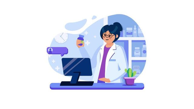 Animated pharmacist holding medicine bottle in modern pharmacy office