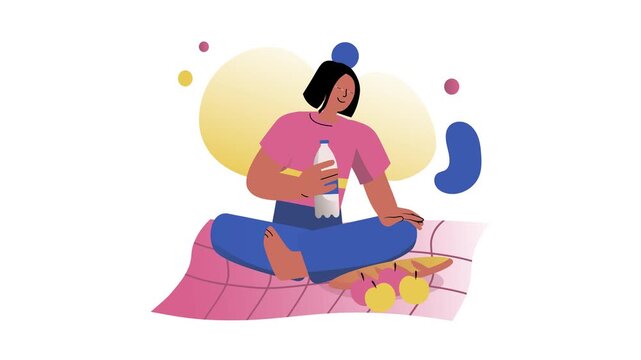 Animated woman sitting on picnic blanket with fruit and bottle