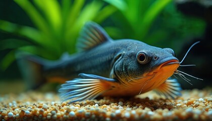 Obraz premium Catfish rests on gravel substrate near aquatic plants. This freshwater fish has barbels near mouth. Orange belly and blue fins contrast with dark body. Fish looks at camera.
