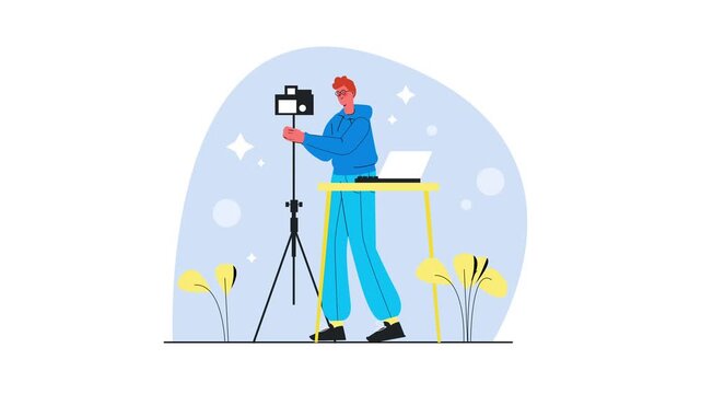 Content creator filming with camera and laptop in flat animation scene