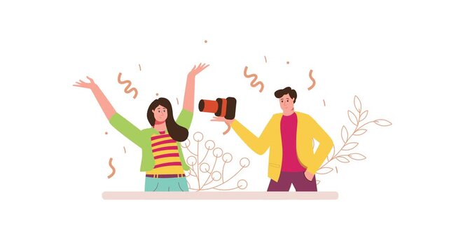 Happy couple celebrating victory with trophy in animated illustration