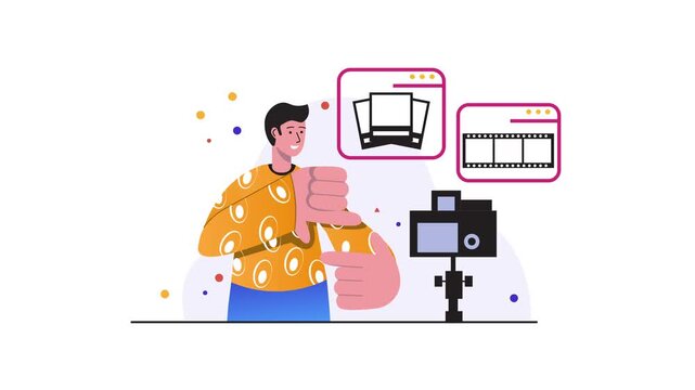 Animated content creator making thumbs down gesture with camera icons