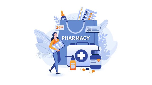 Pharmacy delivery animation with woman carrying medicine and health icons