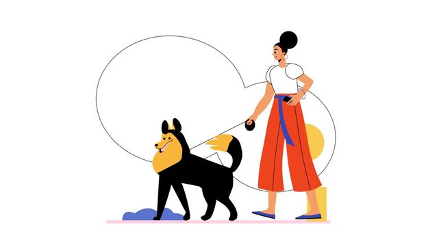 Animated flat illustration of woman walking dog with phone on white background