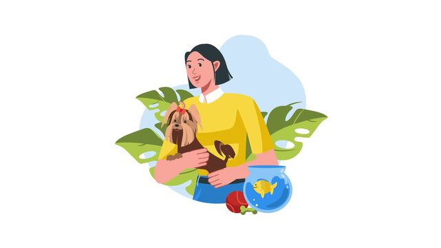 Animated woman holding Yorkshire terrier with fish bowl and houseplants