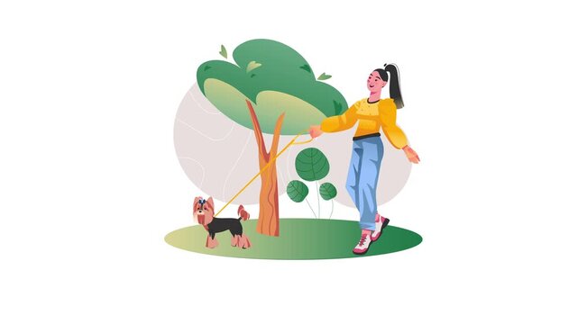 Animated young woman walking a small dog in a green park illustration