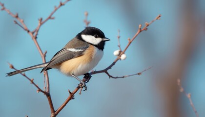 Fototapeta premium Small chickadee bird sits on bare tree branch with soft blue sky background. Tiny avian creature perches with focus on its detailed feathers and beak.