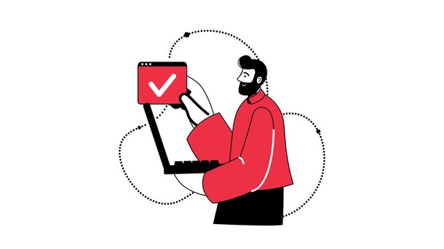 Bearded man reviewing checklist on laptop with approved browser window