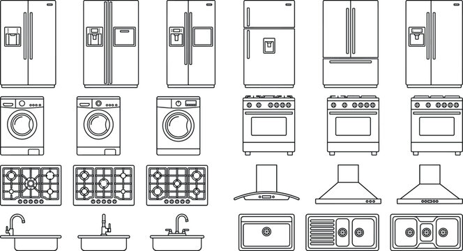 Kitchen appliance line icons vector set refrigerator washing machine stove cooktop hood sink faucet isolated on white background for home equipment design