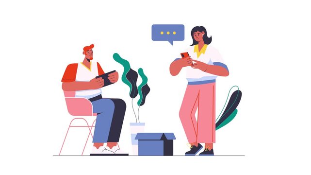 Animated man gaming while woman texts in casual modern flat scene
