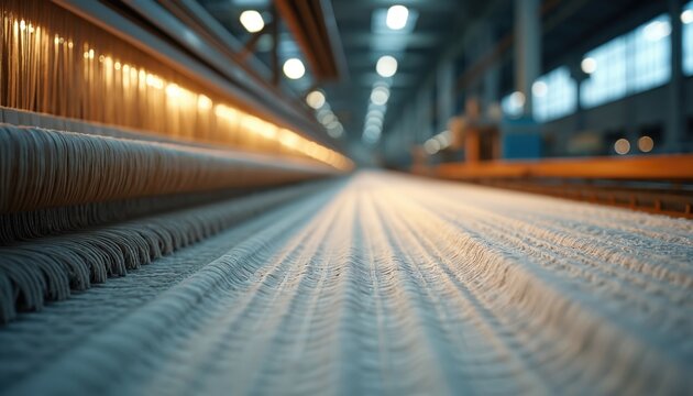 Woven material production line, raw fibers transform into goods. Modern tech meets old craft, creating fabric. Industrial process makes textiles. Factory machines weave threads.