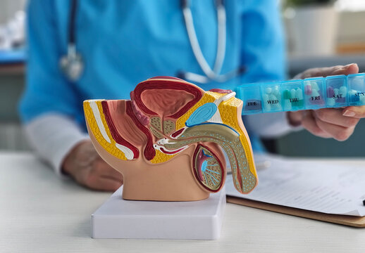 A medical professional is showing a model of the human reproductive system in a clinic office. They hold a pill organizer
