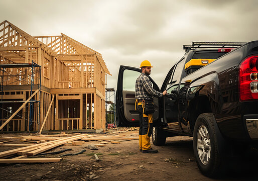 Male construction worker wearing yellow hard hat and safety gear standing by black pickup truck at residential home building site with wood framing structures under a cloudy sky background