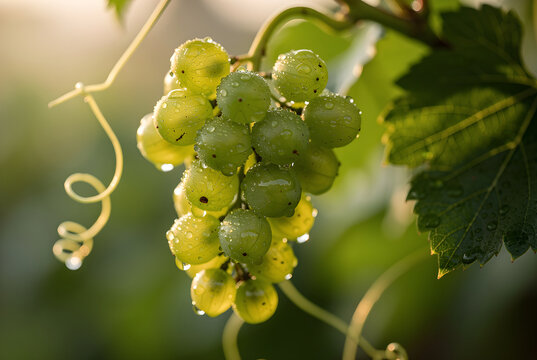Green grapes bunch growing on vine covered with dew drops