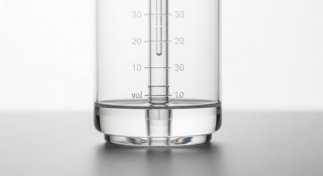 Close-up of a clear glass volumetric measuring device containing transparent liquid, essential for accurate laboratory experiments and precise scientific work.