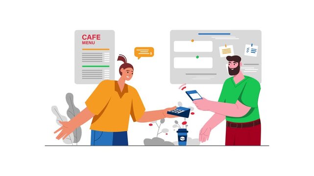 Cafe customer paying cashier with contactless mobile payment animation