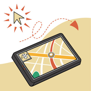 Gps navigation system with map and mouse cursor planning a route | digital location tracking and travel technology illustration with white background