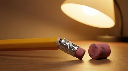 Pencil with detached eraser lying on wooden desk under lamp