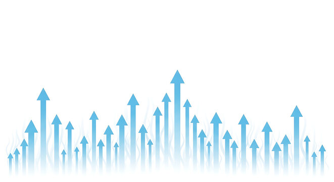 Abstract business background with multiple blue upward arrows representing market growth, positive economic development trends, corporate expansion, and successful financial momentum