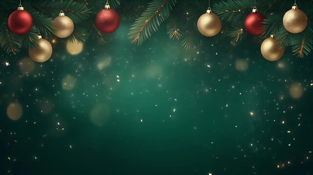 Christmas ornaments hanging on pine branch with bokeh lights in dark moody background