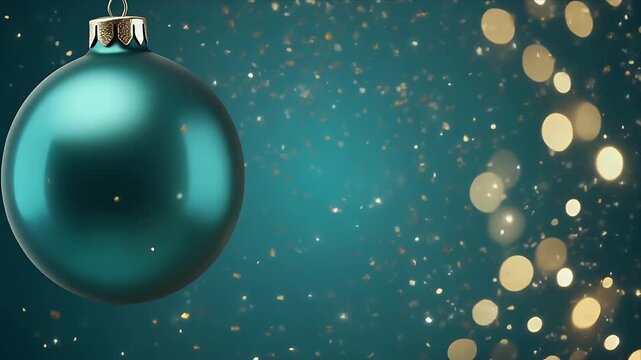 Shiny Teal Christmas Ornament with Golden Bokeh Lights in Dark Background