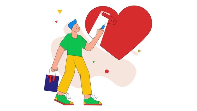 Animated man painting a large red heart with a roller