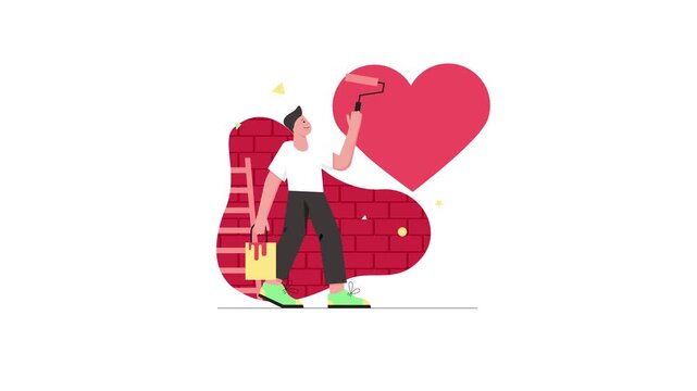 Animated man painting large heart with roller and shopping bag illustration