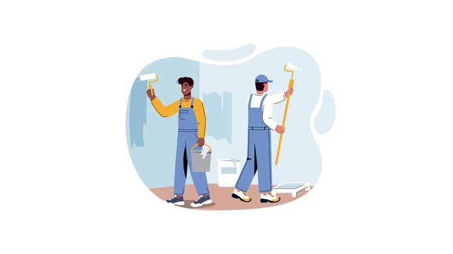 Animation of two painters decorating a wall with rollers and paint