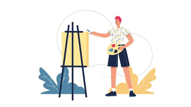 Animated artist painting on easel with palette in flat vector illustration