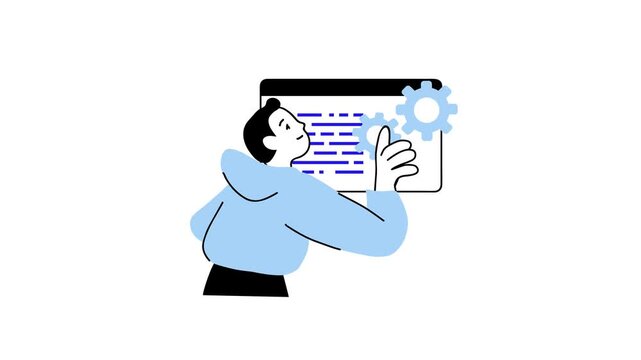 Developer adjusting software settings on screen in flat style animation