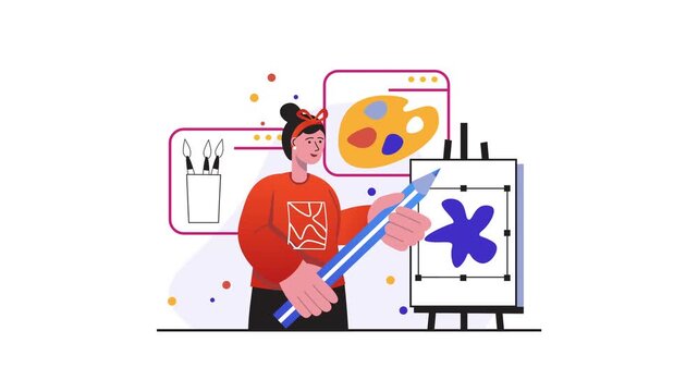 Animated woman artist painting on easel with color palette and brushes