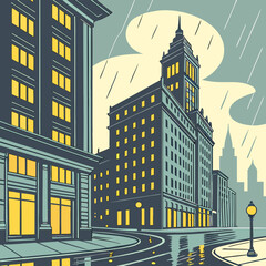 Obraz premium Rainy city street at night with glowing of tall skyscrapers and reflections on wet pavement in a retro comic book style urban landscape illustration with street lamp and stormy sky