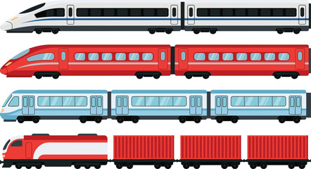High speed train collection featuring modern passenger rail, subway and freight locomotive designs in colorful flat vector style isolated on white © Creative Vector