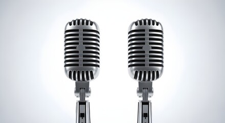 Fototapeta premium Two vintage microphones standing side by side on a white background