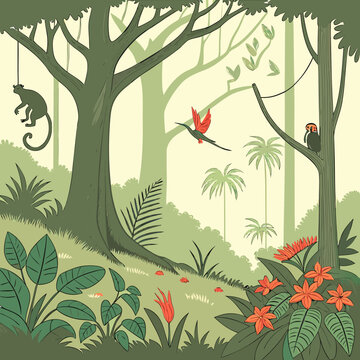 Lush tropical rainforest illustration with monkey hummingbird and exotic parrot perched on branch amidst dense jungle foliage palm trees and orange flowers in a hand drawn style