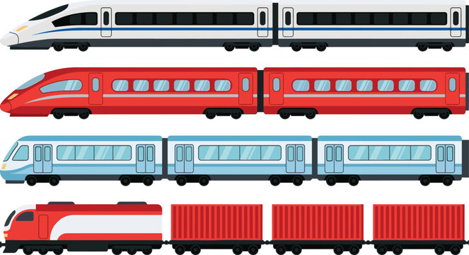 High speed train collection featuring modern passenger rail, subway and freight locomotive designs in colorful flat vector style isolated on white