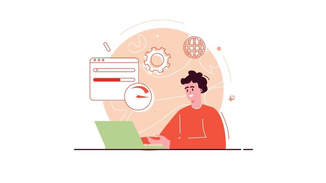 Freelancer working on laptop with web SEO icons in flat animation