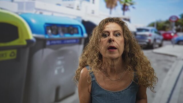 Woman raises hand toward street bin with mouth open in a shout and visible hand gesture; frustration confrontation.