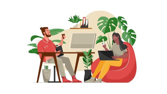 Animated remote work team meeting in a modern plant-filled office
