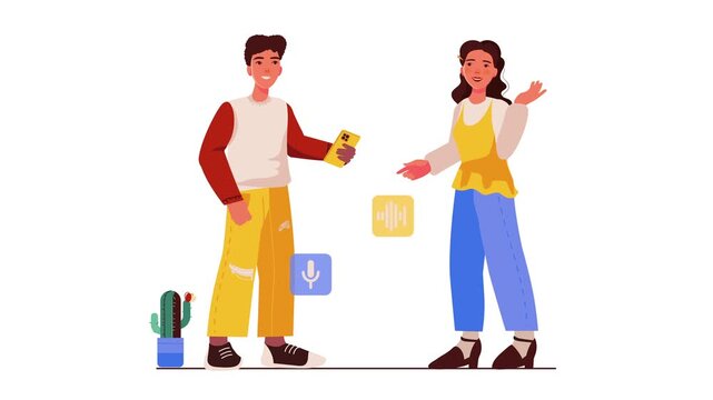 Animated multilingual conversation between man and woman with translation icons