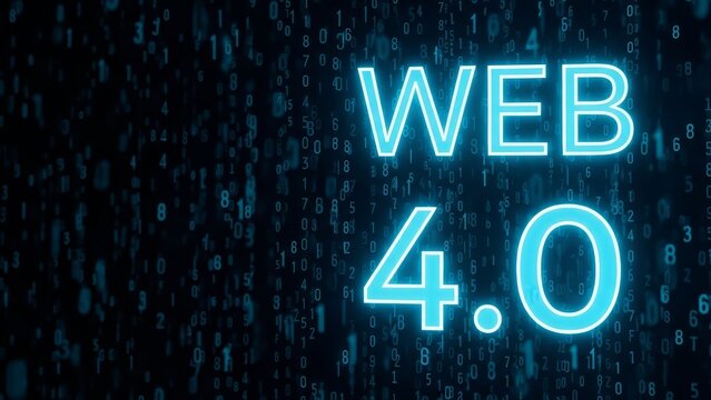 Glowing blue text "web 4.0" positioned to the left against a dark, technologically rich background of streaming binary code.